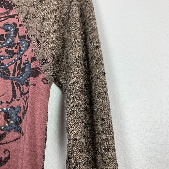 Daytrip Open Weave Raglan Sleeve Rhinestone Lace Inset Tee Shirt Small - Picture 6 of 7